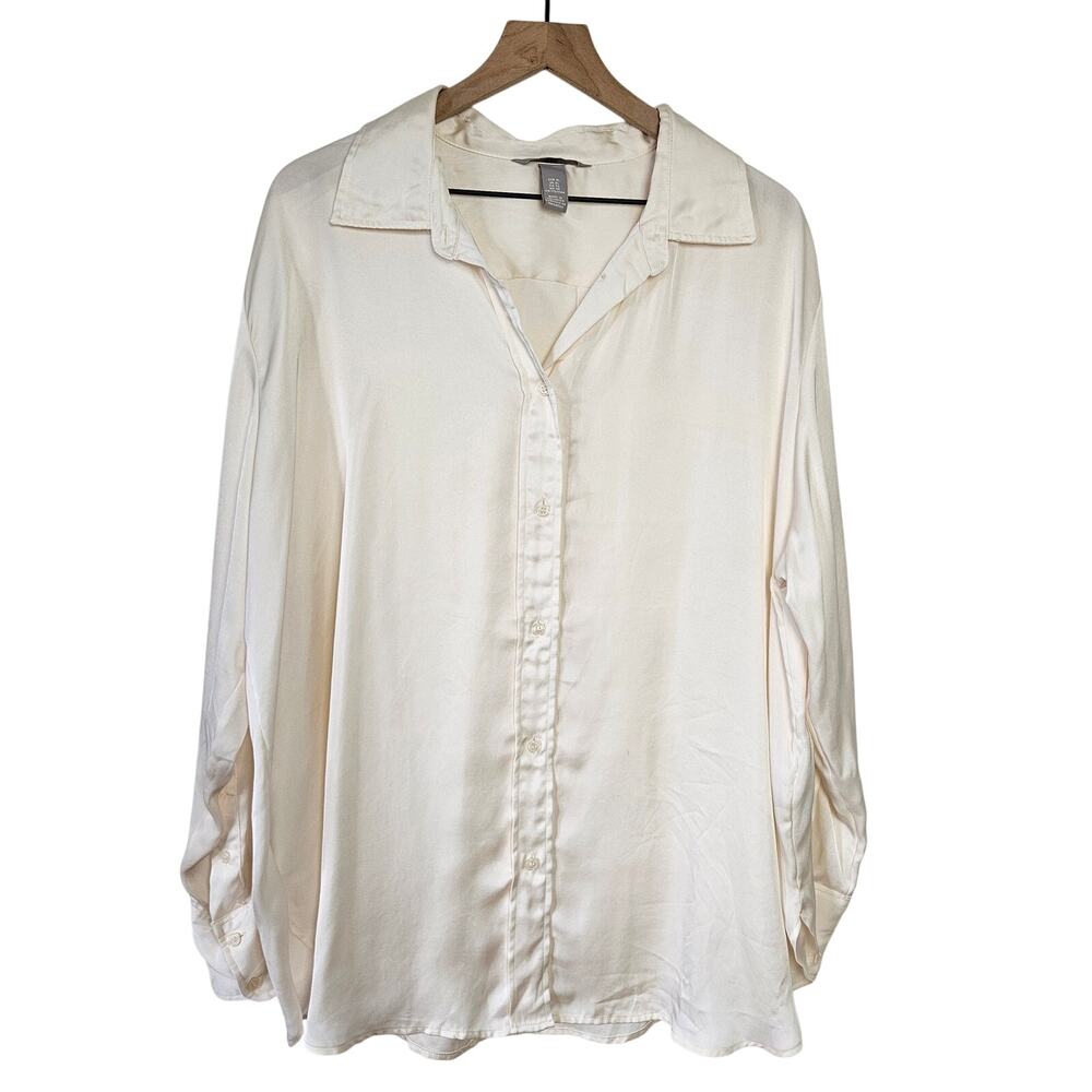 H&M Satin Button Front Tunic Blouse XL Ivory Shirt Silky‎ Long Sleeve